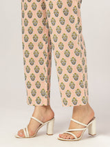 Women's Peach Pure Cotton Floral Printed A-line Kurta Set