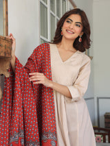 Beige Pure Cotton Floral Printed Angrakha A-line Kurta Set
