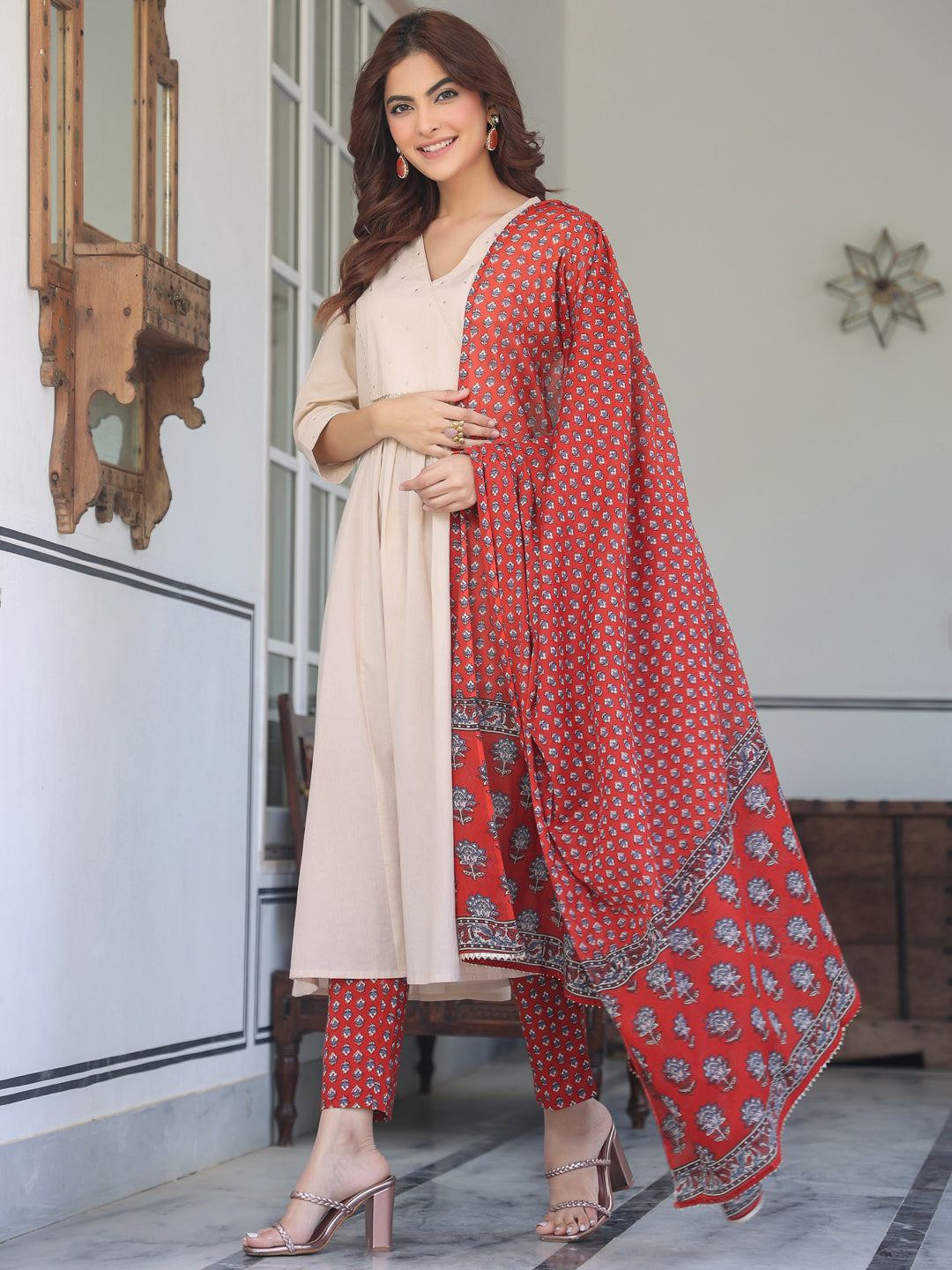 Beige Pure Cotton Floral Printed Angrakha A-line Kurta Set