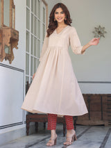 Beige Pure Cotton Floral Printed Angrakha A-line Kurta Set