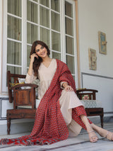 Beige Pure Cotton Floral Printed Angrakha A-line Kurta Set