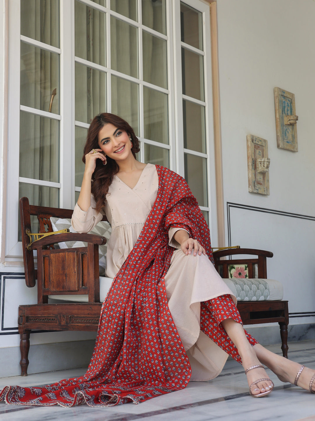 Beige Pure Cotton Floral Printed Angrakha A-line Kurta Set