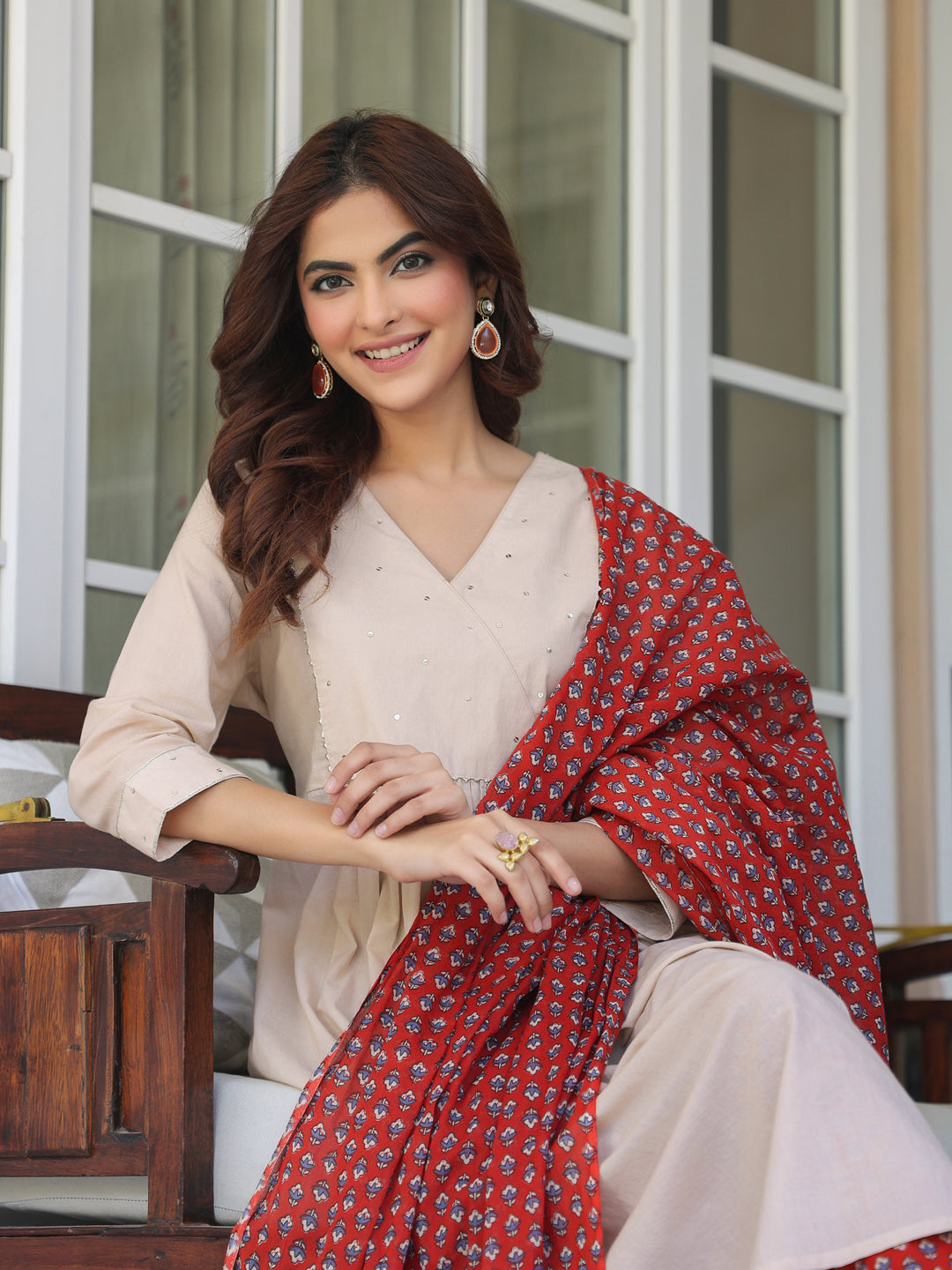 Beige Pure Cotton Floral Printed Angrakha A-line Kurta Set