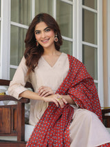 Beige Pure Cotton Floral Printed Angrakha A-line Kurta Set