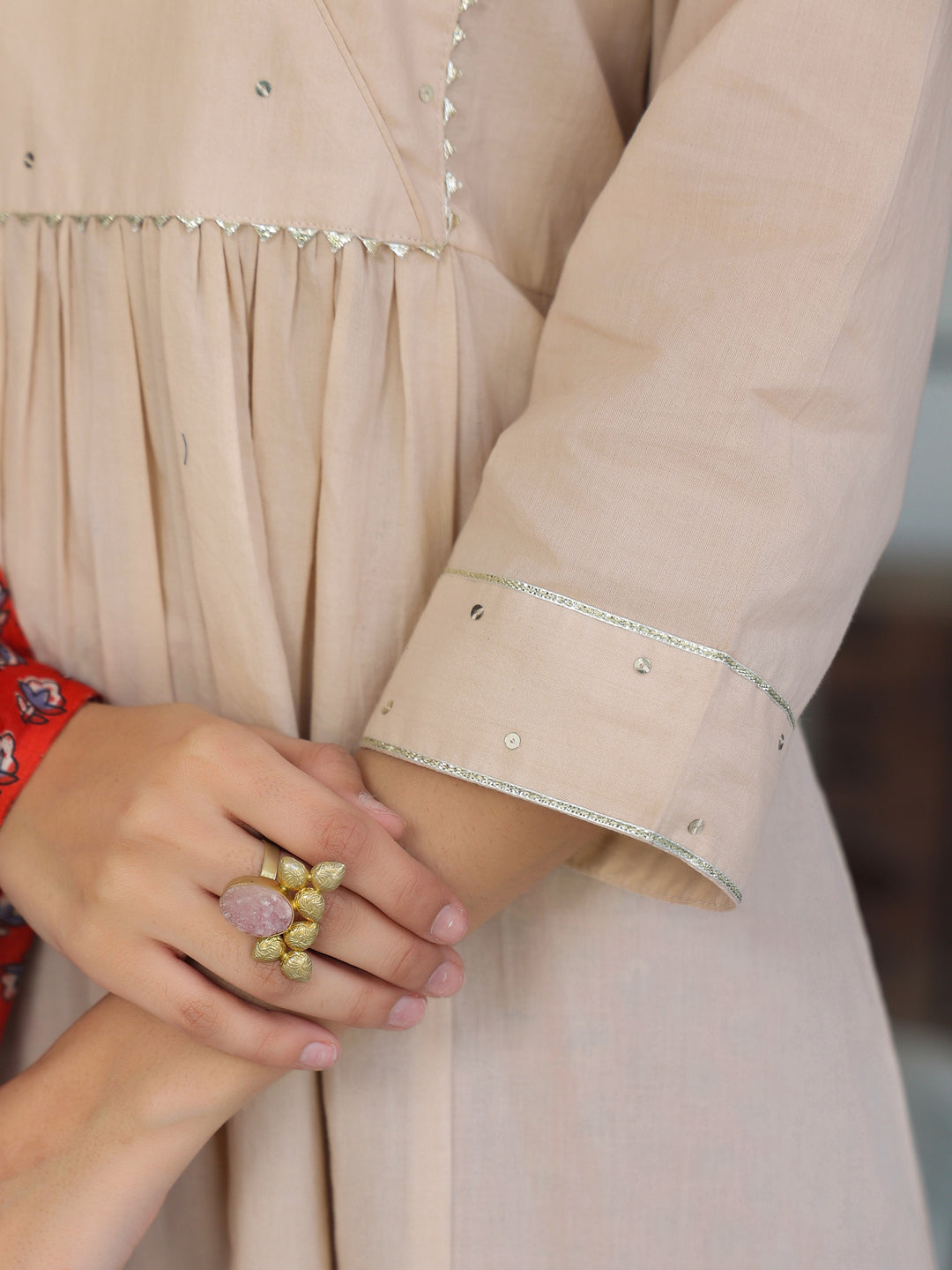 Beige Pure Cotton Floral Printed Angrakha A-line Kurta Set