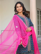 Women's Dark Blue Pure Cotton Floral Printed Straight Kurta With Sharara & Dupatta Set