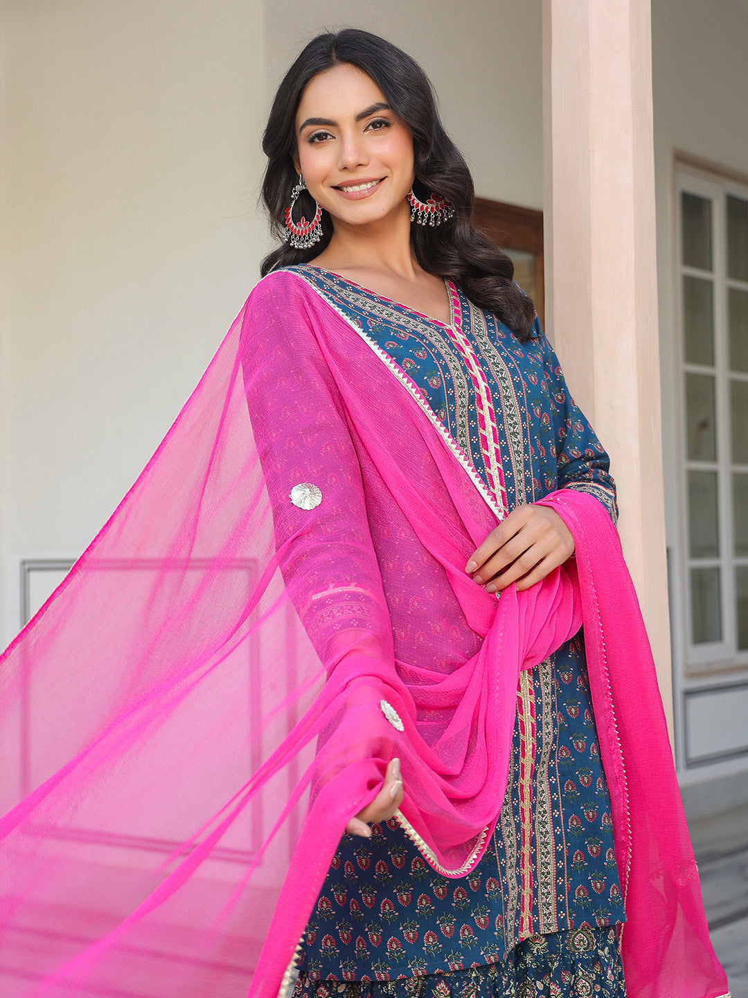 Women's Dark Blue Pure Cotton Floral Printed Straight Kurta With Sharara & Dupatta Set