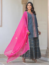 Women's Dark Blue Pure Cotton Floral Printed Straight Kurta With Sharara & Dupatta Set