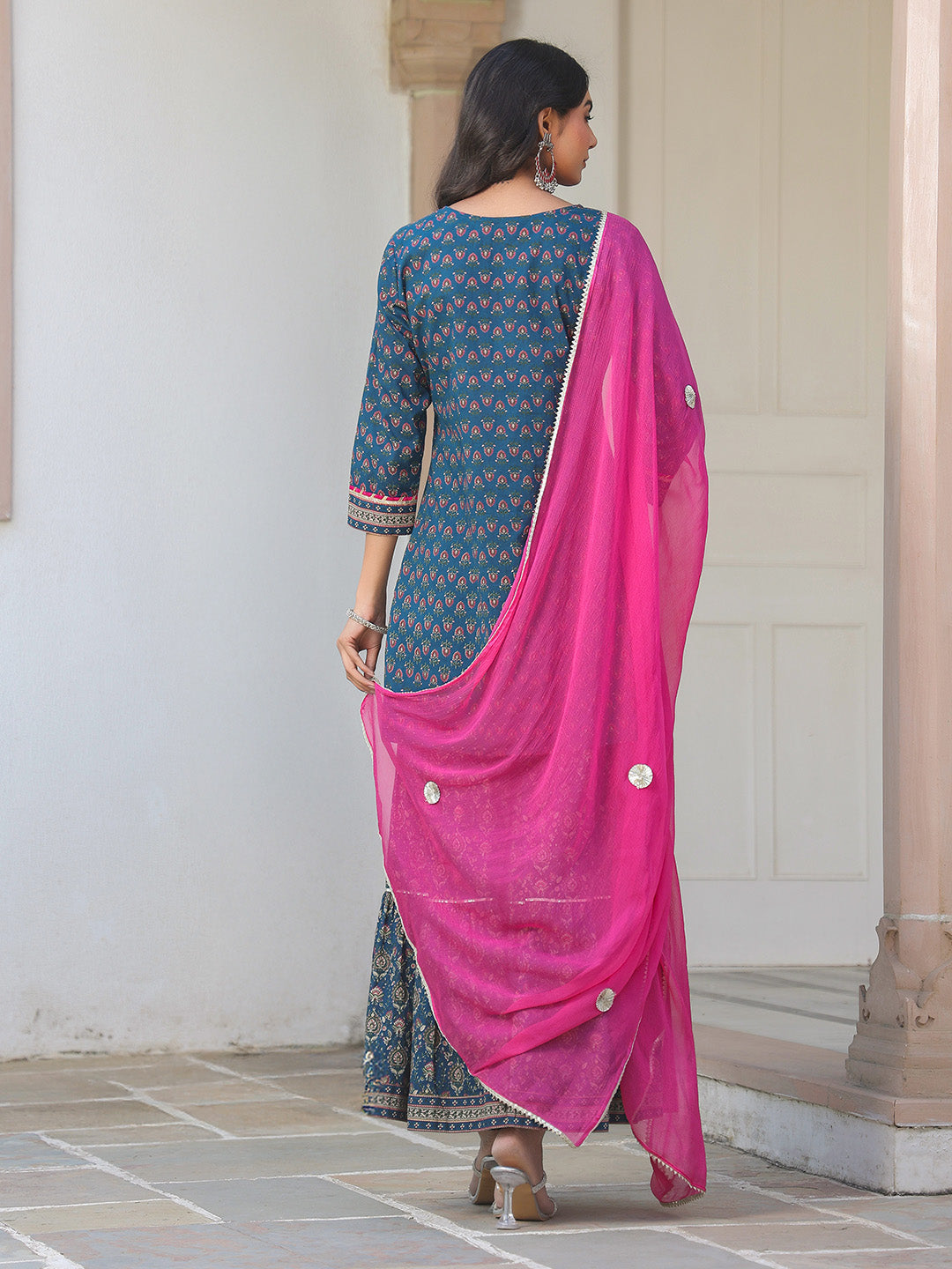 Women's Dark Blue Pure Cotton Floral Printed Straight Kurta With Sharara & Dupatta Set