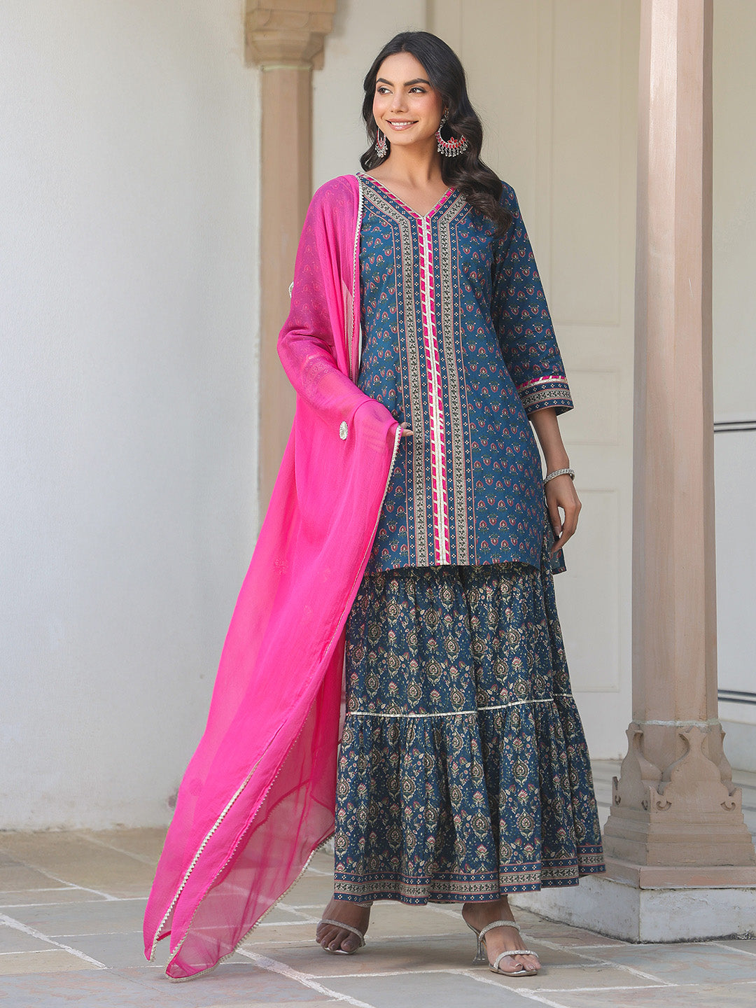 Women's Dark Blue Pure Cotton Floral Printed Straight Kurta With Sharara & Dupatta Set