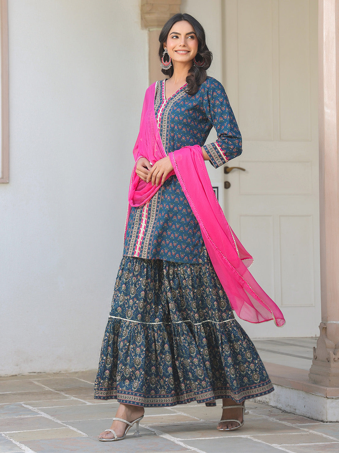 Women's Dark Blue Pure Cotton Floral Printed Straight Kurta With Sharara & Dupatta Set