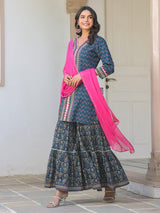 Women's Dark Blue Pure Cotton Floral Printed Straight Kurta With Sharara & Dupatta Set