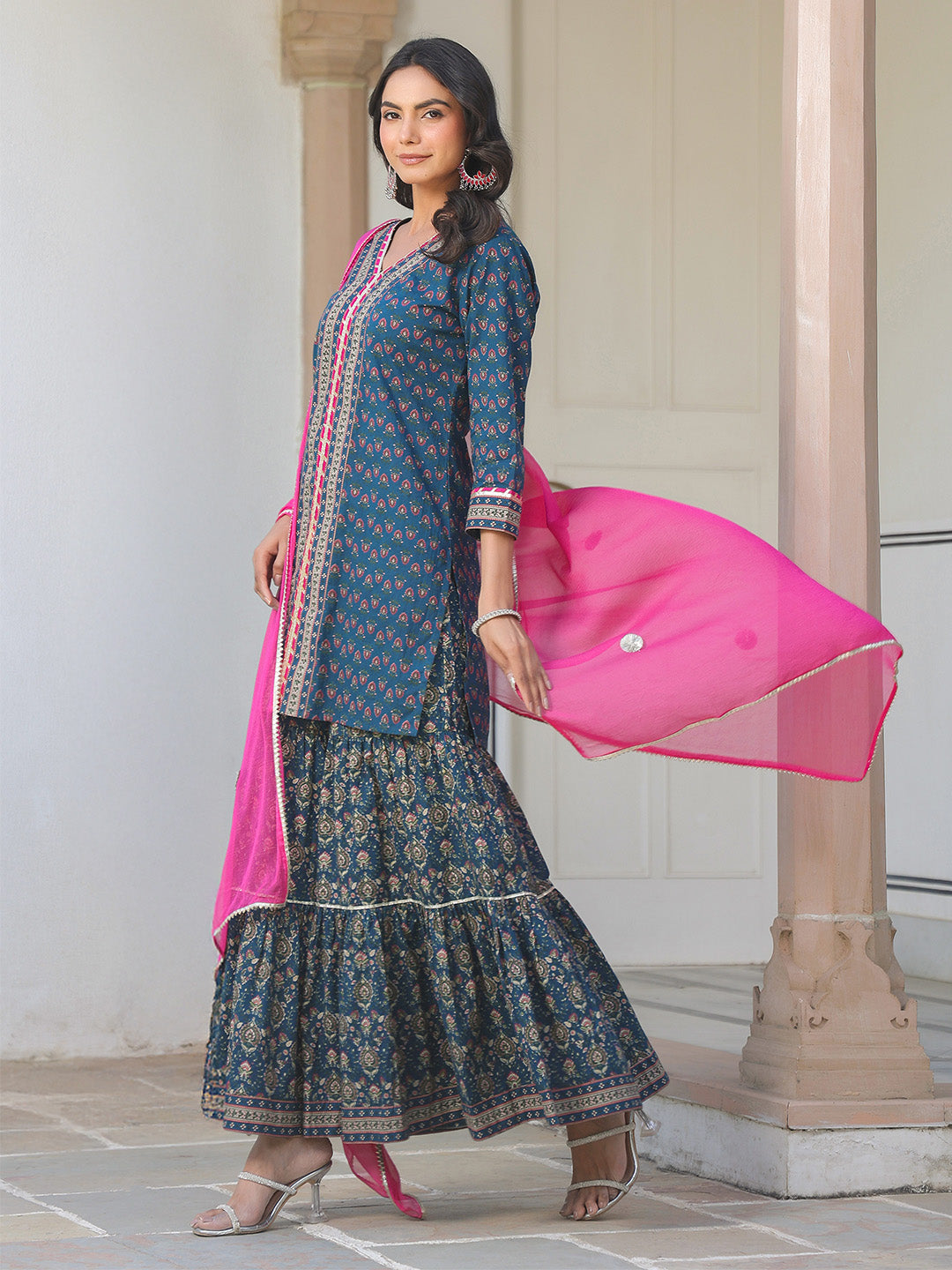 Women's Dark Blue Pure Cotton Floral Printed Straight Kurta With Sharara & Dupatta Set