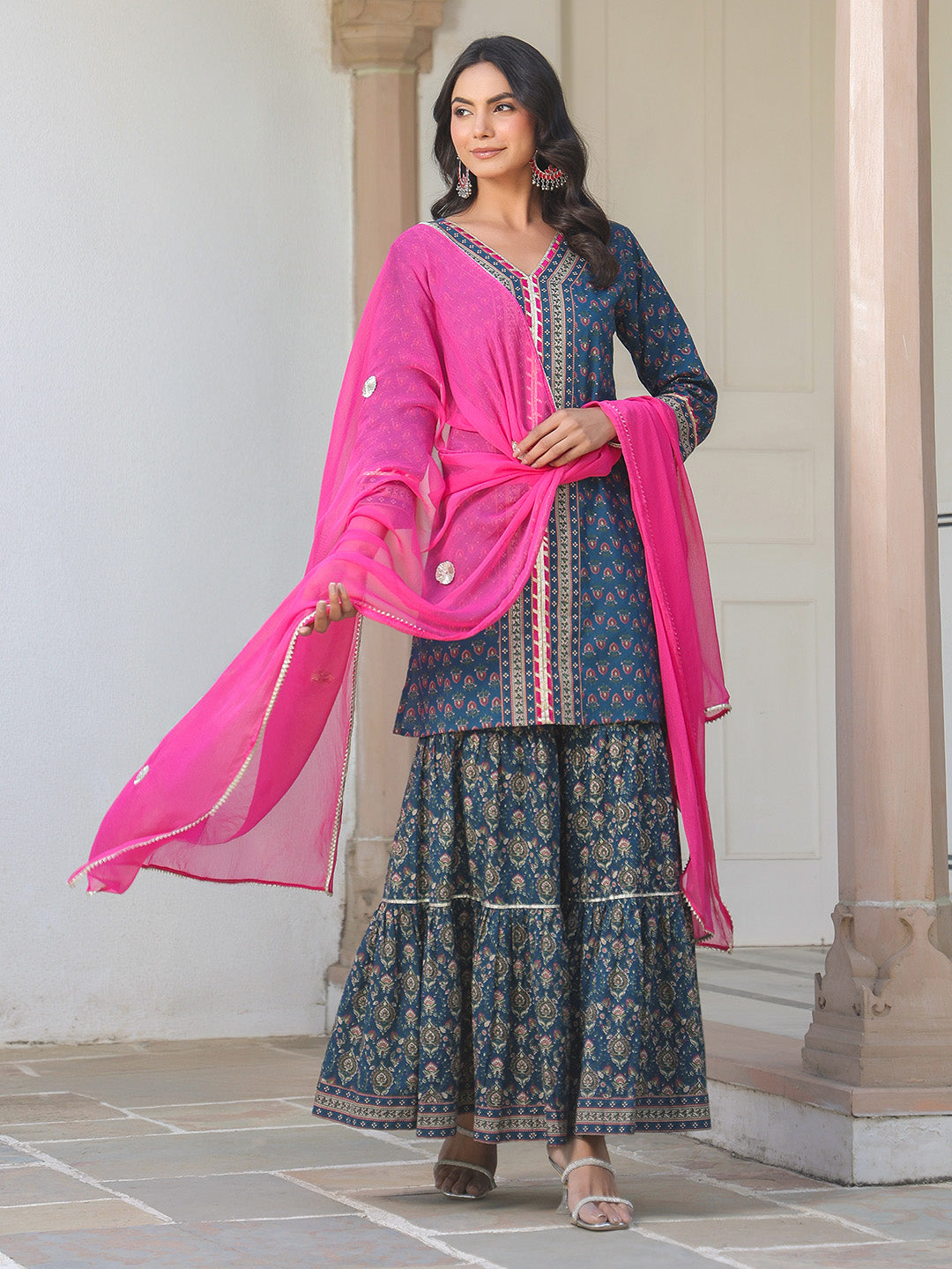 Women's Dark Blue Pure Cotton Floral Printed Straight Kurta With Sharara & Dupatta Set