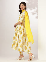 Women's Off White Pure Cotton Floral Printed A-line Kurta Set