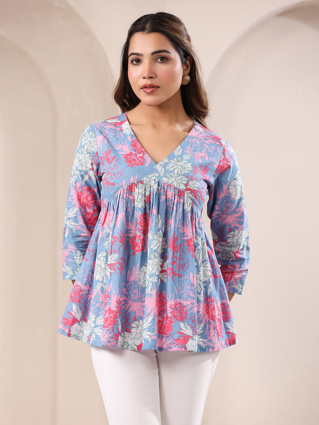 Women's Blue Pure Cotton Floral Printed A-line Top