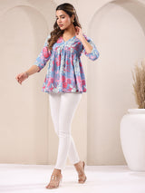 Women's Blue Pure Cotton Floral Printed A-line Top