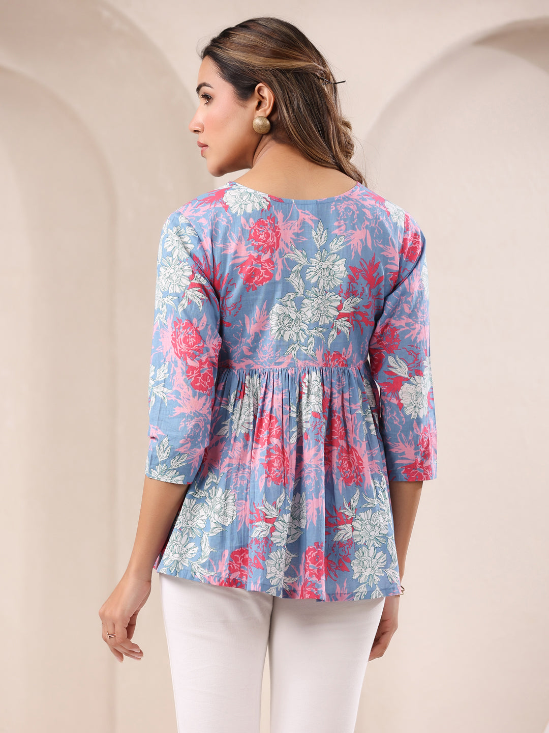 Women's Blue Pure Cotton Floral Printed A-line Top
