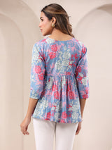 Women's Blue Pure Cotton Floral Printed A-line Top