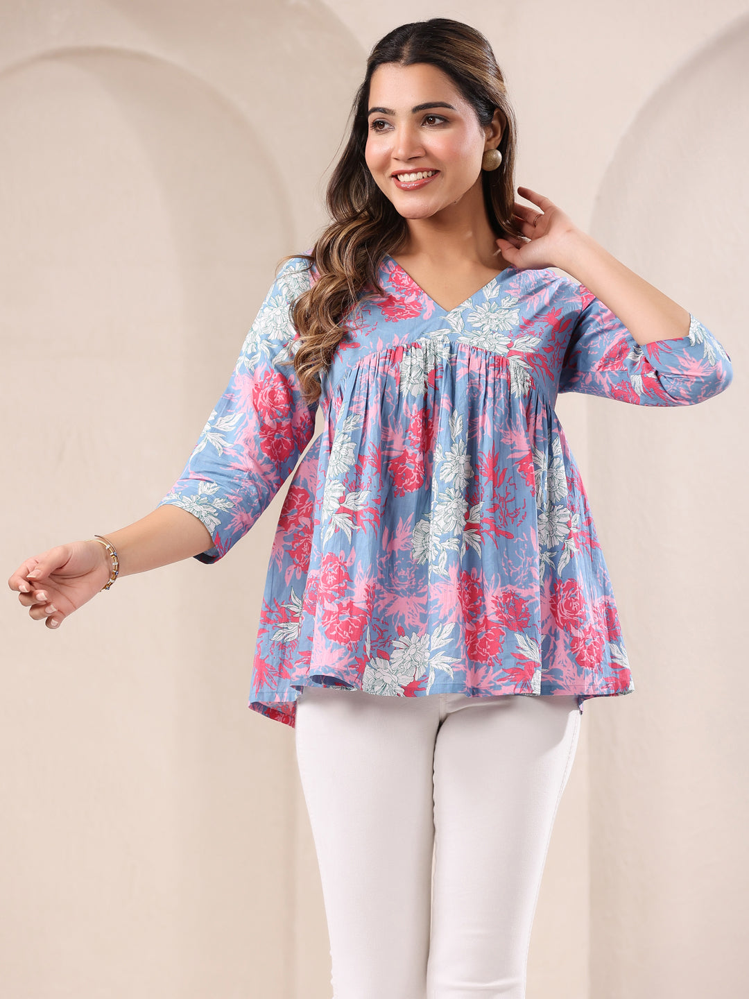 Women's Blue Pure Cotton Floral Printed A-line Top