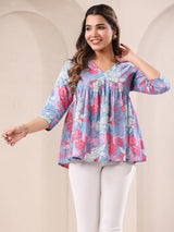Women's Blue Pure Cotton Floral Printed A-line Top