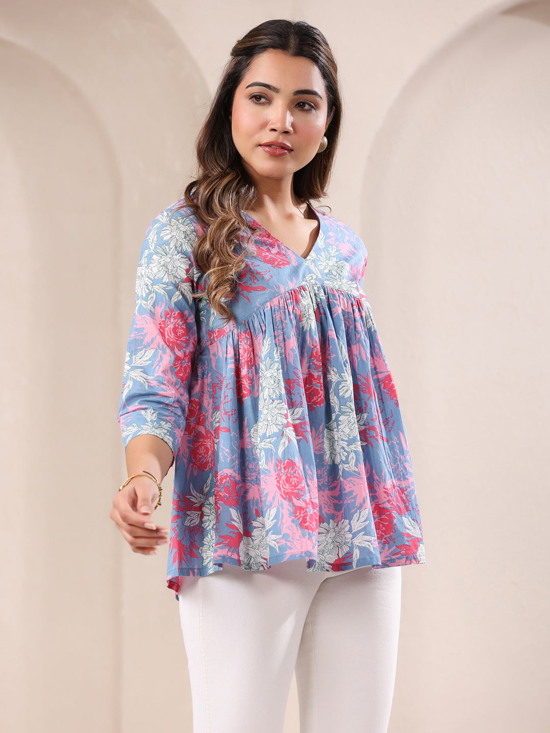 Women's Blue Pure Cotton Floral Printed A-line Top