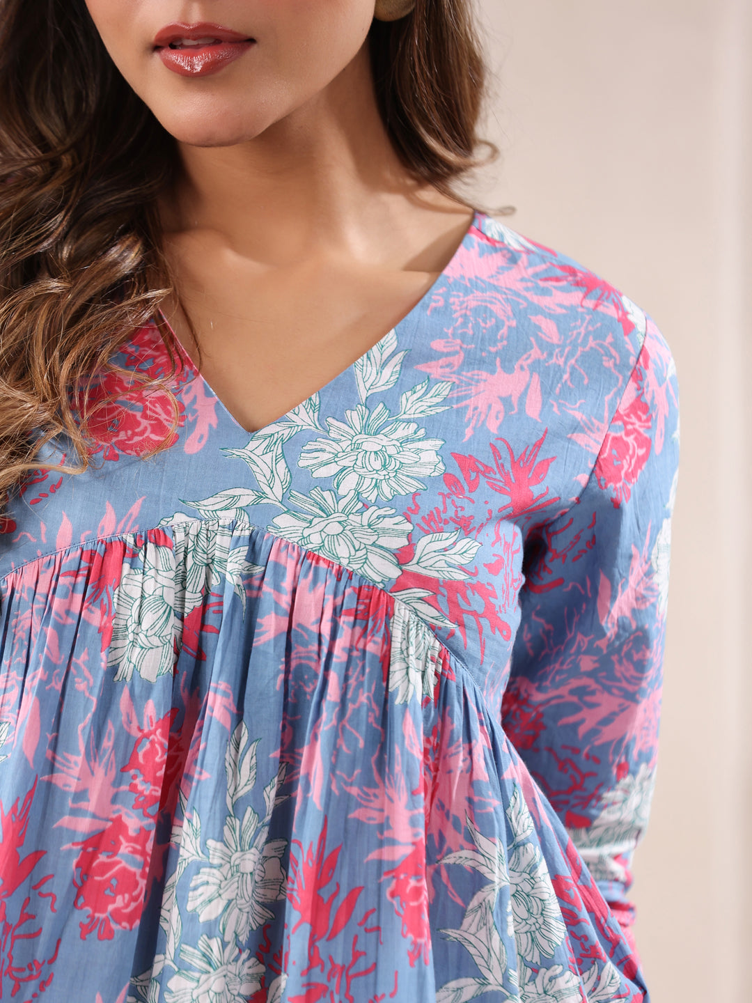 Women's Blue Pure Cotton Floral Printed A-line Top