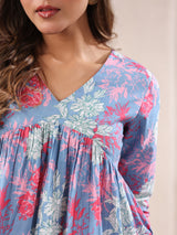 Women's Blue Pure Cotton Floral Printed A-line Top
