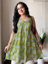 Lime Pure Cotton Floral Printed A-Line Tunic