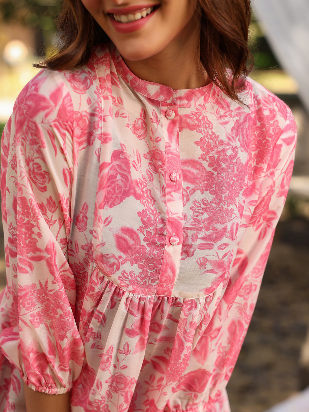 Cream Silk Blend Floral Printed A-line Tunic