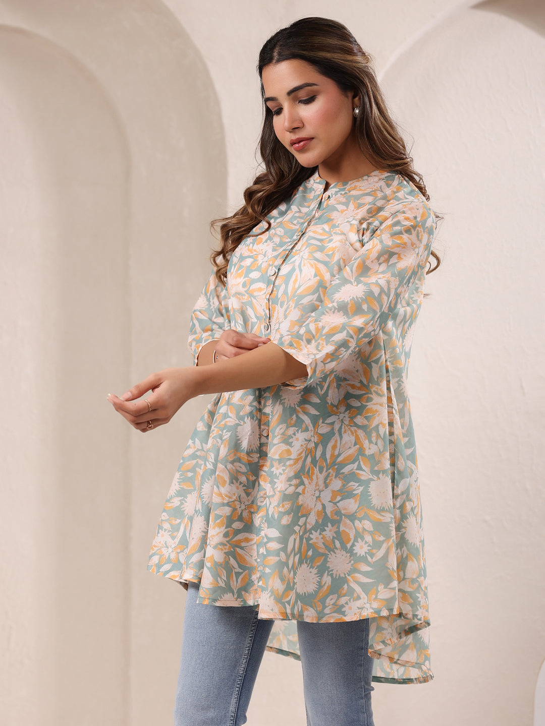 Sage Green Silk Blend Floral Printed A-line Tunic