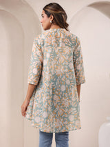 Sage Green Silk Blend Floral Printed A-line Tunic