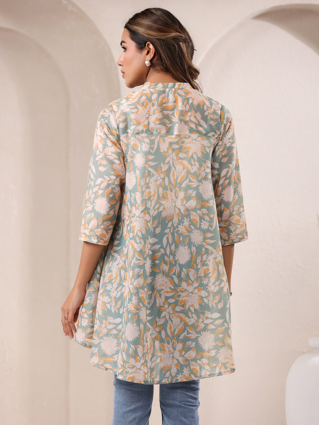 Sage Green Silk Blend Floral Printed A-line Tunic