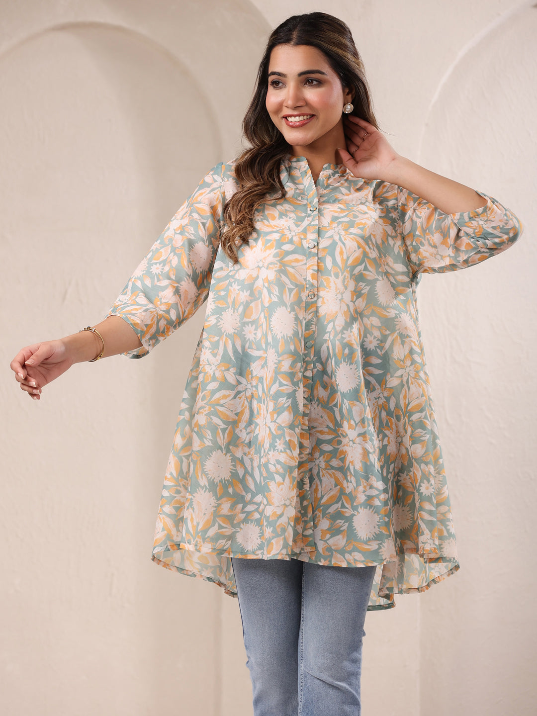 Sage Green Silk Blend Floral Printed A-line Tunic