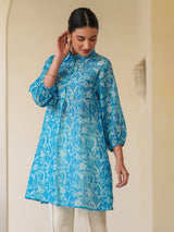 Blue Silk Blend Floral Printed A-line Tunic