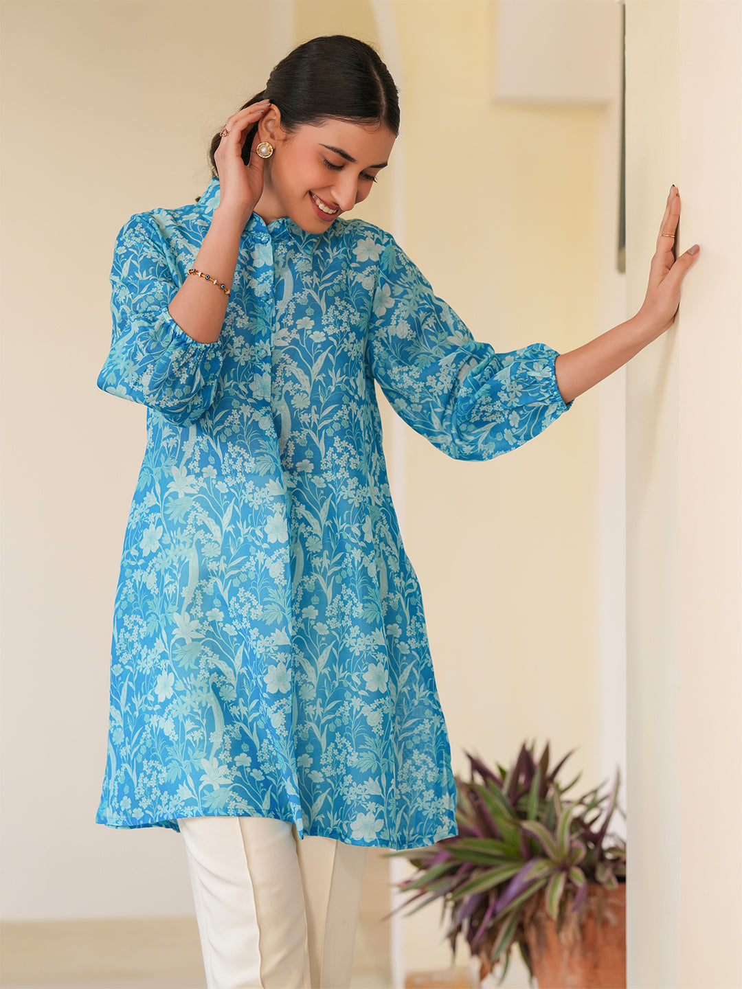 Blue Silk Blend Floral Printed A-line Tunic