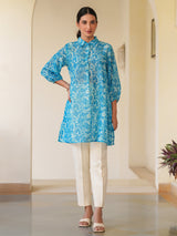 Blue Silk Blend Floral Printed A-line Tunic