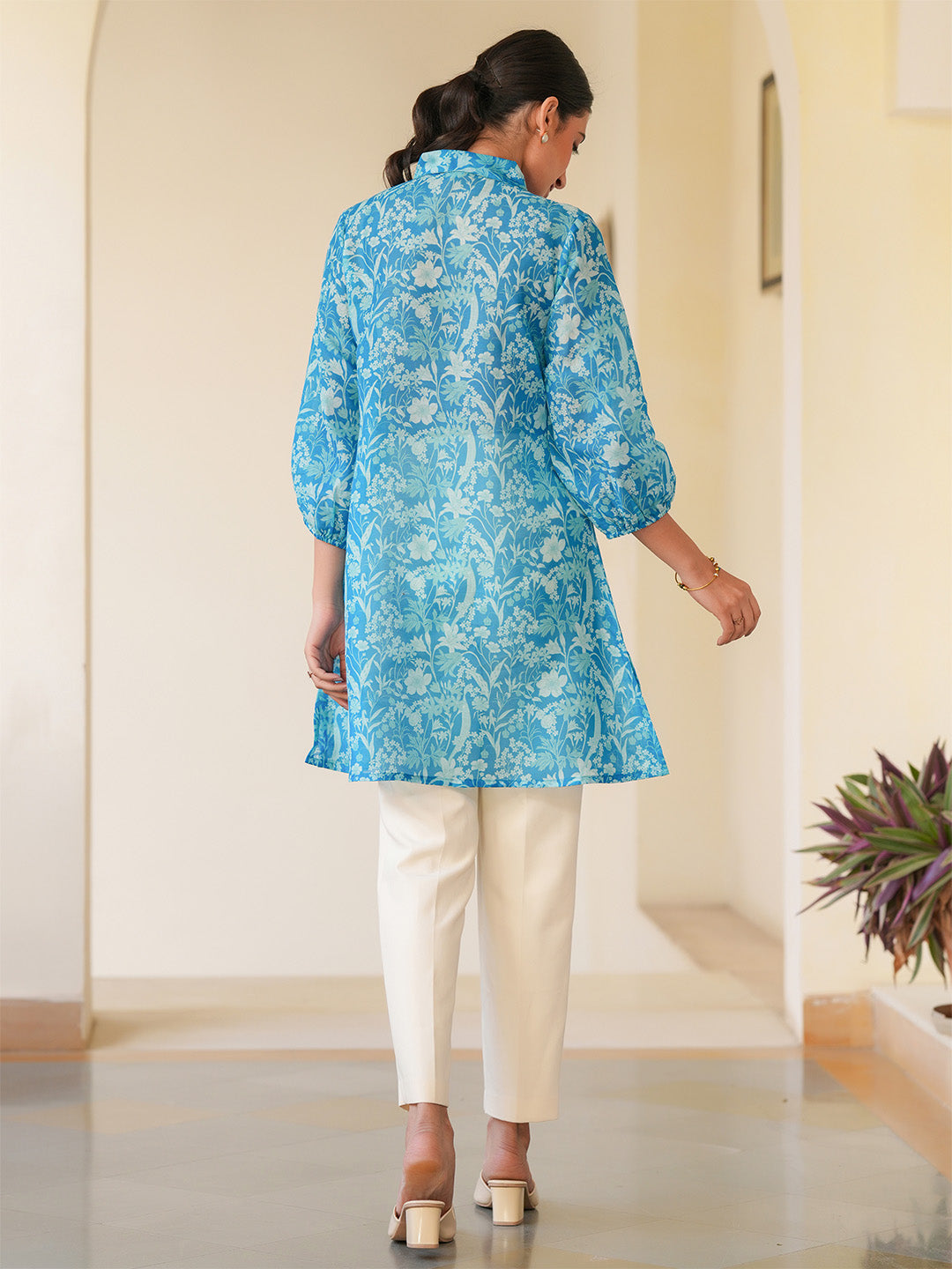 Blue Silk Blend Floral Printed A-line Tunic