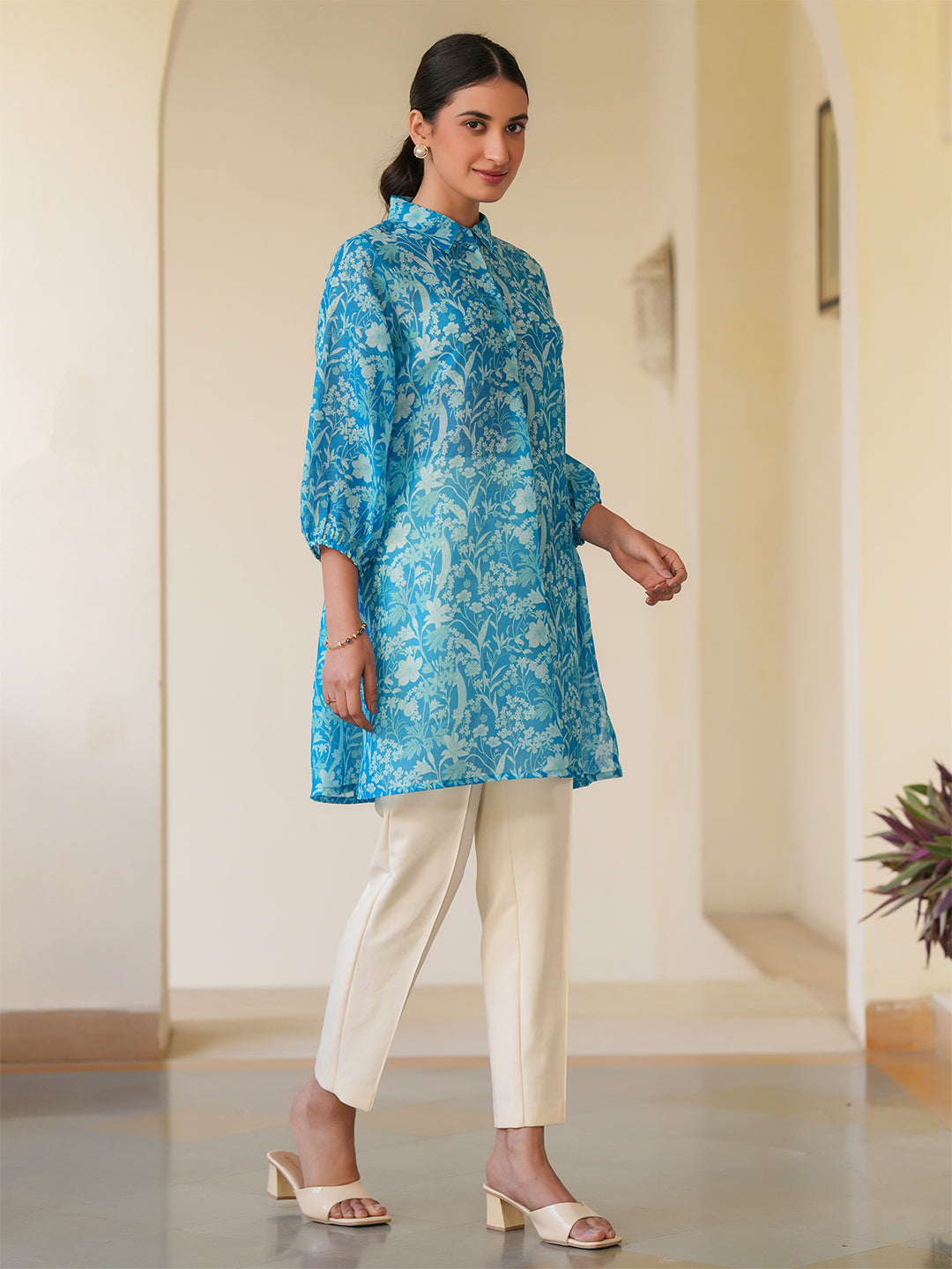 Blue Silk Blend Floral Printed A-line Tunic