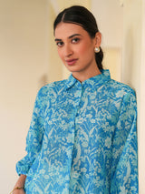 Blue Silk Blend Floral Printed A-line Tunic