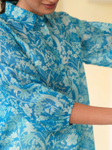 Blue Silk Blend Floral Printed A-line Tunic