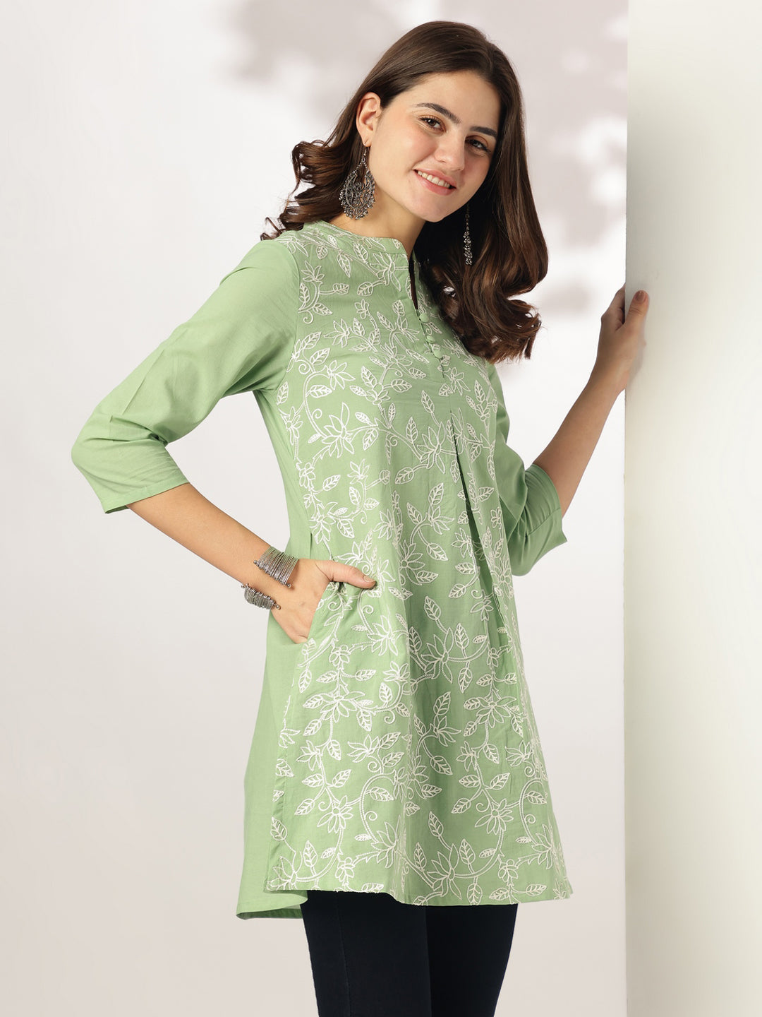 Light Green Pure Cotton Embroidered A-line Tunic