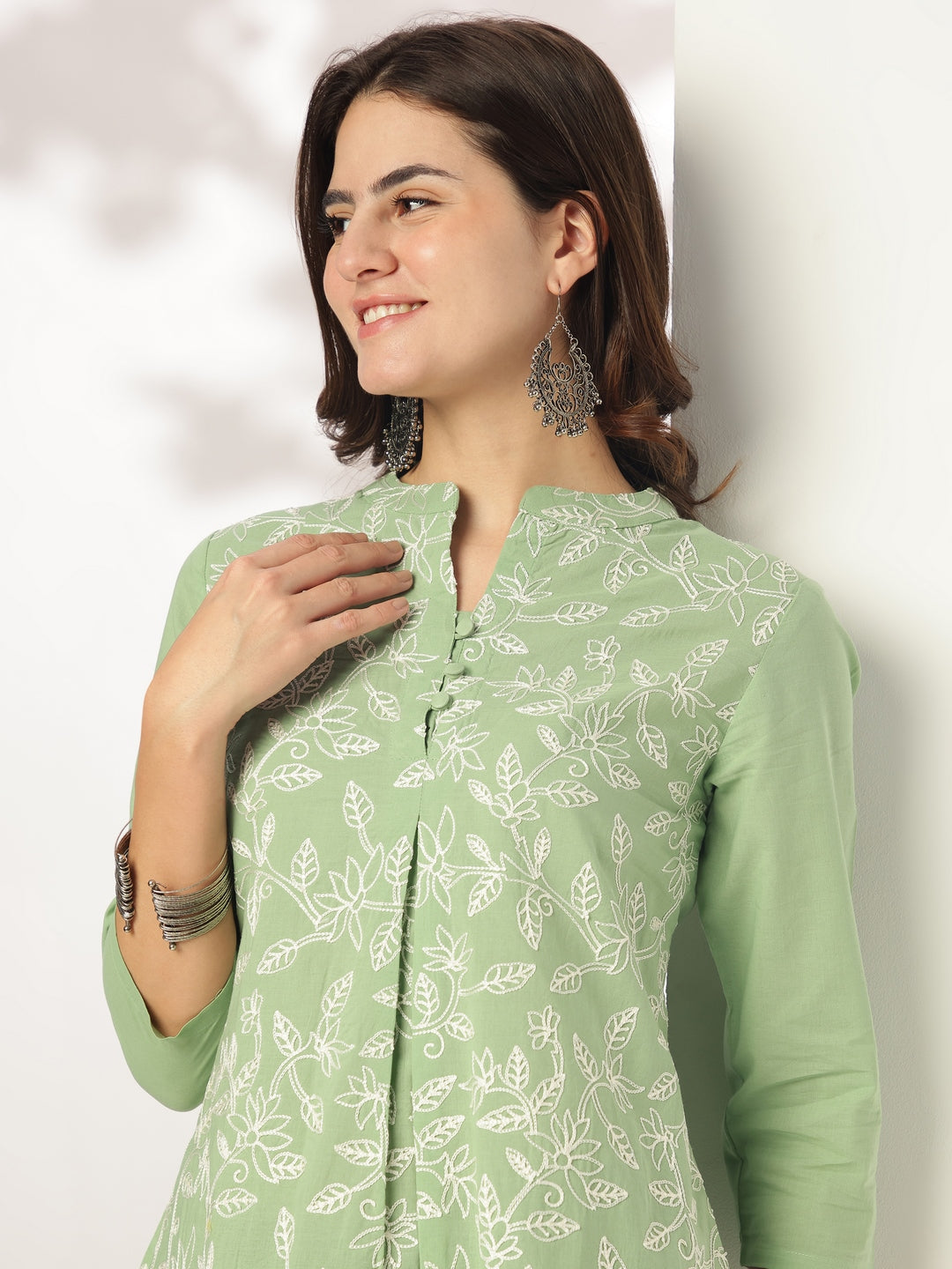 Light Green Pure Cotton Embroidered A-line Tunic