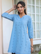 Women's Light Blue Pure Cotton Schiffli Embroidered A-line Tunic