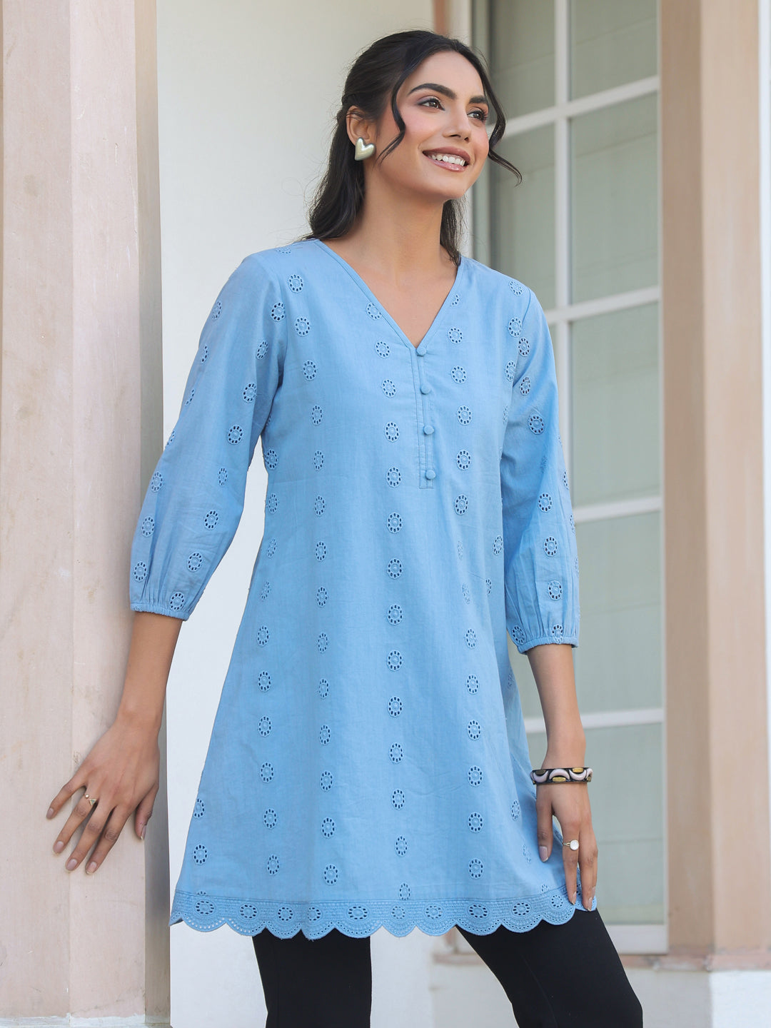 Women's Light Blue Pure Cotton Schiffli Embroidered A-line Tunic