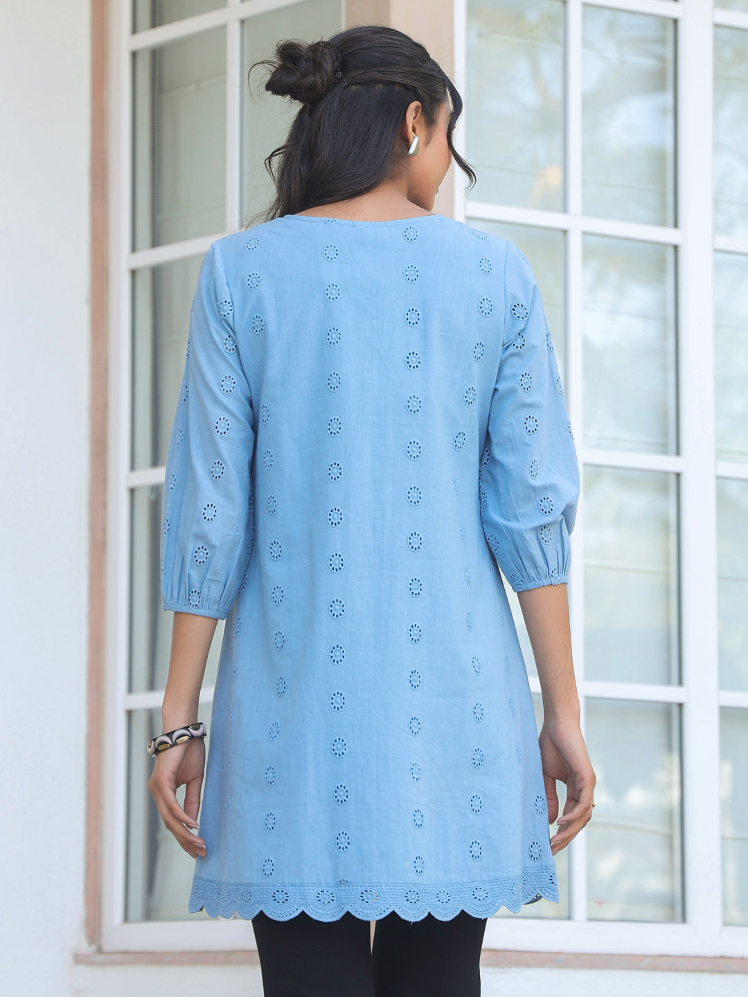 Women's Light Blue Pure Cotton Schiffli Embroidered A-line Tunic