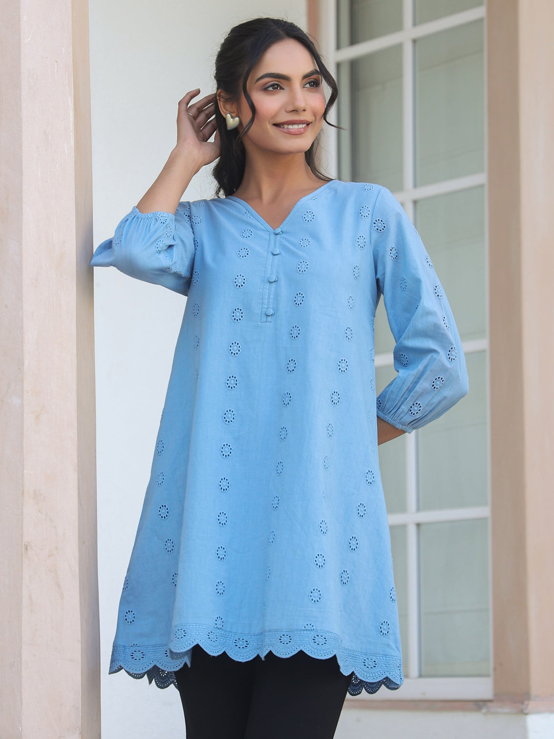 Women's Light Blue Pure Cotton Schiffli Embroidered A-line Tunic