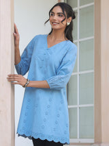 Women's Light Blue Pure Cotton Schiffli Embroidered A-line Tunic