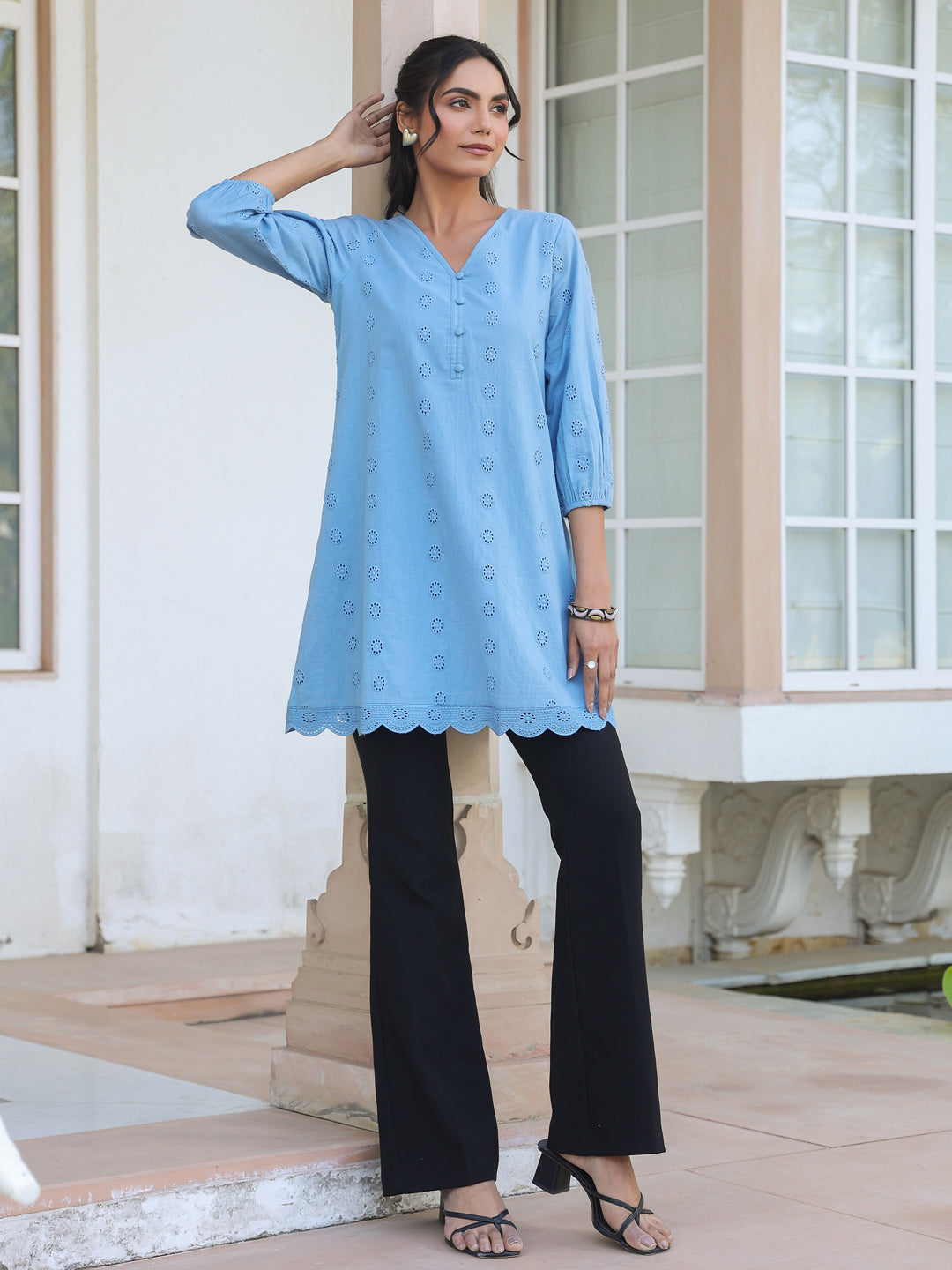 Women's Light Blue Pure Cotton Schiffli Embroidered A-line Tunic
