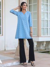Women's Light Blue Pure Cotton Schiffli Embroidered A-line Tunic